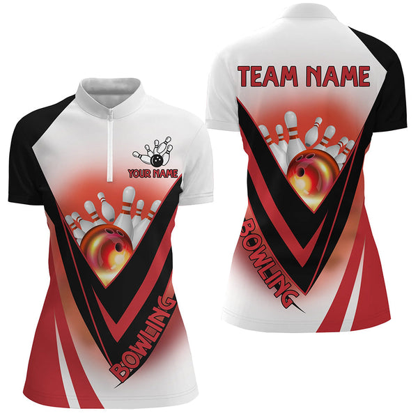 Red Light Bowling Polo, 1/4 zip Shirts For Women Custom Bowling Team League Jersey, bowling clothes NQS8584