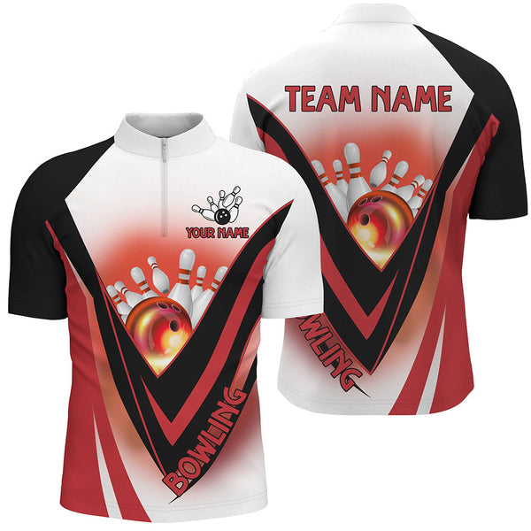 Red Light Bowling Polo, 1/4 zip Shirts For Men Custom Bowling Team League Jersey, bowling clothes mens NQS8584