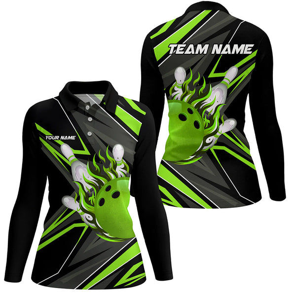 Black and green Womens bowling polo shirt custom Bowling Ball Pins flame bowling jerseys for Bowler NQS7386