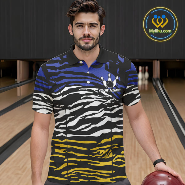 Blue, Yellow and White Tiger Skin Pattern Bowling Shirts For Men Custom Bowling Team jerseys NQS9803
