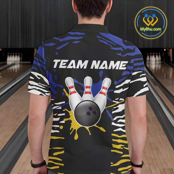 Blue, Yellow and White Tiger Skin Pattern Bowling Shirts For Men Custom Bowling Team jerseys NQS9803