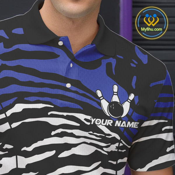 Blue, Yellow and White Tiger Skin Pattern Bowling Shirts For Men Custom Bowling Team jerseys NQS9803