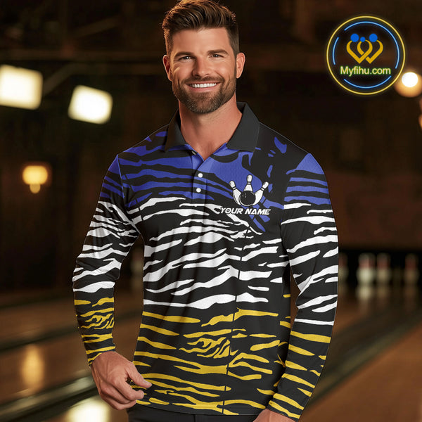 Blue, Yellow and White Tiger Skin Pattern Bowling Shirts For Men Custom Bowling Team jerseys NQS9803