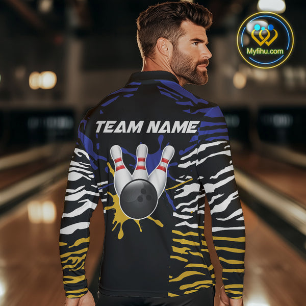 Blue, Yellow and White Tiger Skin Pattern Bowling Shirts For Men Custom Bowling Team jerseys NQS9803