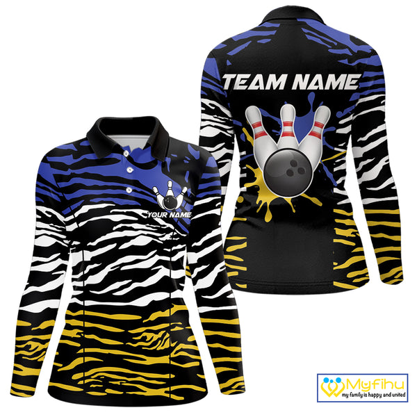 Blue, Yellow and White Tiger Skin Pattern Bowling Shirts For Women Custom Bowling Team jerseys NQS9803