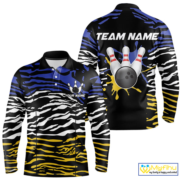 Blue, Yellow and White Tiger Skin Pattern Bowling Shirts For Men Custom Bowling Team jerseys NQS9803