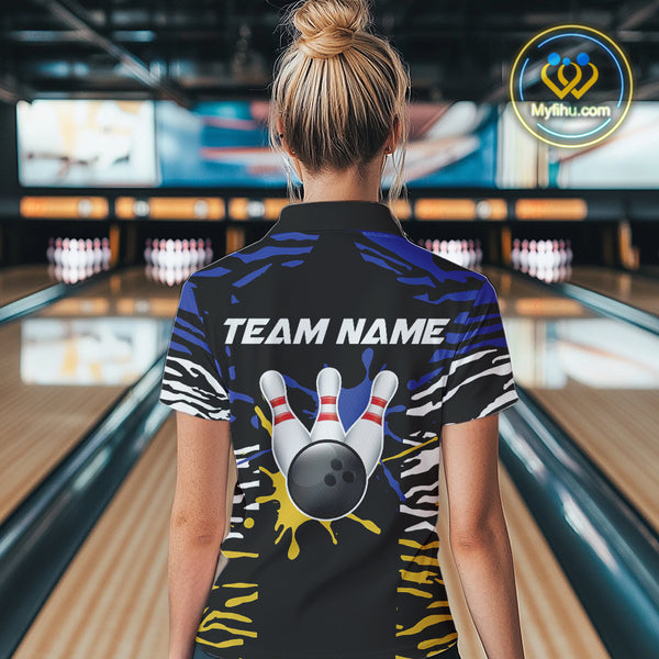 Blue, Yellow and White Tiger Skin Pattern Bowling Shirts For Women Custom Bowling Team jerseys NQS9803