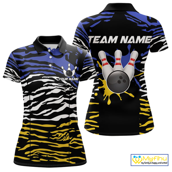 Blue, Yellow and White Tiger Skin Pattern Bowling Shirts For Women Custom Bowling Team jerseys NQS9803
