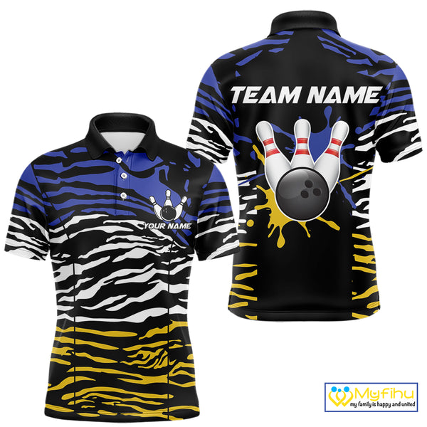Blue, Yellow and White Tiger Skin Pattern Bowling Shirts For Men Custom Bowling Team jerseys NQS9803
