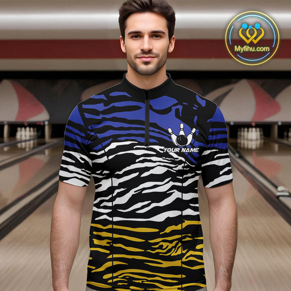 Blue, Yellow and White Tiger Skin Pattern Bowling Shirts For Men Custom Bowling Team jerseys NQS9803