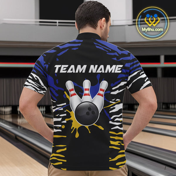 Blue, Yellow and White Tiger Skin Pattern Bowling Shirts For Men Custom Bowling Team jerseys NQS9803