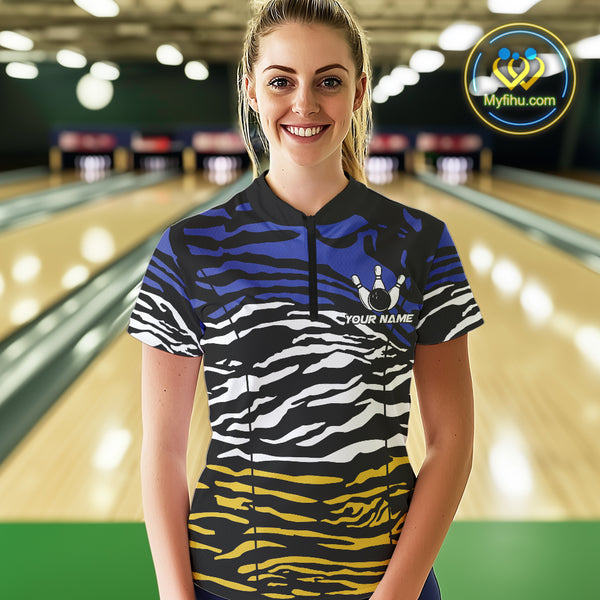 Blue, Yellow and White Tiger Skin Pattern Bowling Shirts For Women Custom Bowling Team jerseys NQS9803