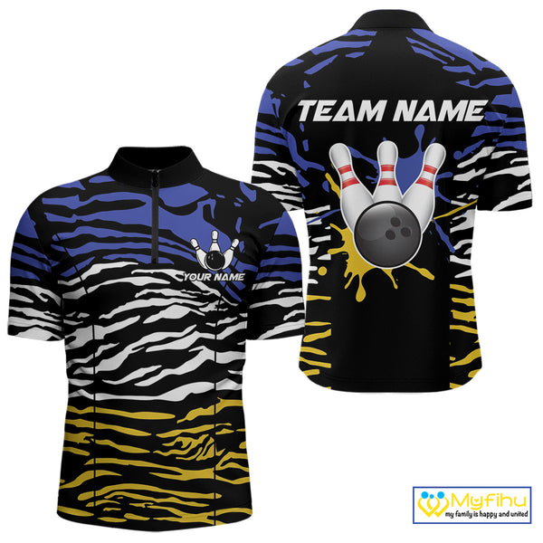 Blue, Yellow and White Tiger Skin Pattern Bowling Shirts For Men Custom Bowling Team jerseys NQS9803