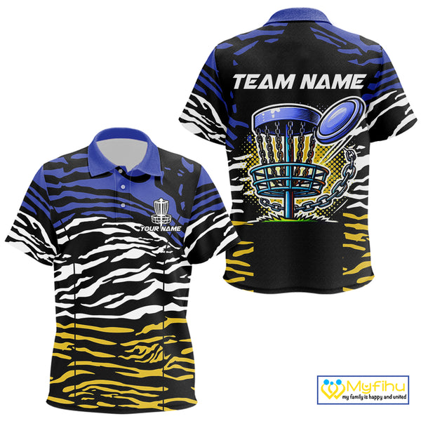 Blue, Yellow and White Tiger Skin Pattern Kid Disc golf polo shirt Custom team disc golf jerseys NQS9804