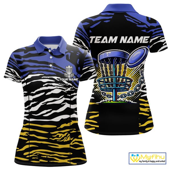 Blue, Yellow and White Tiger Skin Pattern Women Disc golf polo shirts Custom team disc golf jerseys NQS9804