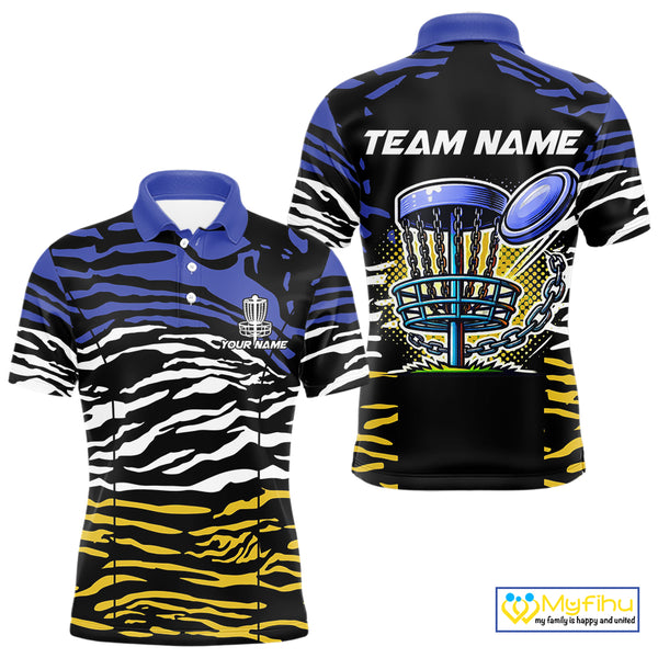 Blue, Yellow and White Tiger Skin Pattern Mens Disc golf polo shirts Custom team disc golf jerseys NQS9804