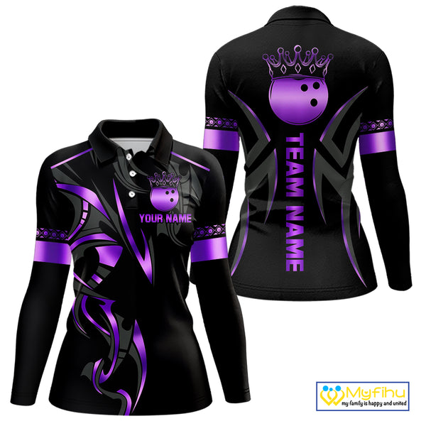 Black and Purple crown Bowling ball Polo, Quarter Zip Shirts for Women Custom Bowling Team jerseys NQS10046