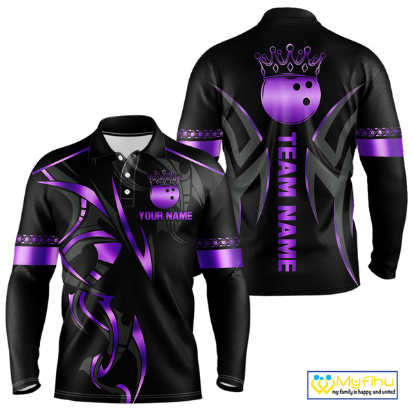 Black and Purple crown Bowling ball Polo, Quarter Zip Shirts for Men Custom Bowling Team jerseys NQS10046