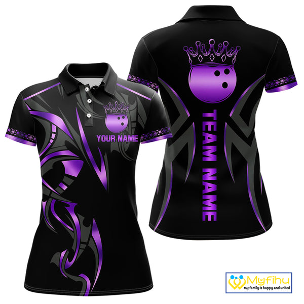 Black and Purple crown Bowling ball Polo, Quarter Zip Shirts for Women Custom Bowling Team jerseys NQS10046