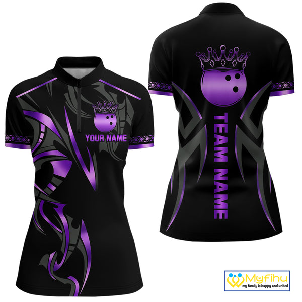 Black and Purple crown Bowling ball Polo, Quarter Zip Shirts for Women Custom Bowling Team jerseys NQS10046