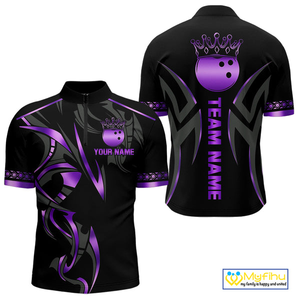 Black and Purple crown Bowling ball Polo, Quarter Zip Shirts for Men Custom Bowling Team jerseys NQS10046