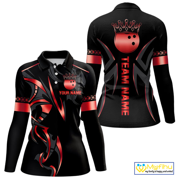 Black and Red crown Bowling ball Polo, Quarter Zip Shirts for Women Custom Bowling Team jerseys NQS10047