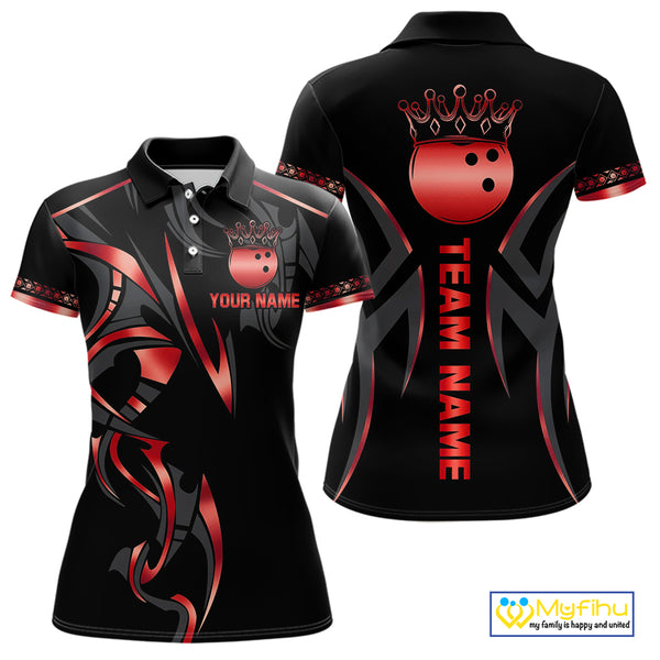 Black and Red crown Bowling ball Polo, Quarter Zip Shirts for Women Custom Bowling Team jerseys NQS10047