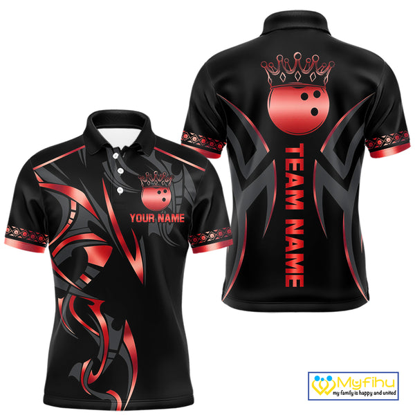 Black and Red crown Bowling ball Polo, Quarter Zip Shirts for Men Custom Bowling Team jerseys NQS10047