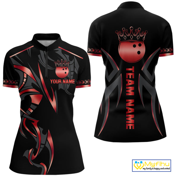Black and Red crown Bowling ball Polo, Quarter Zip Shirts for Women Custom Bowling Team jerseys NQS10047