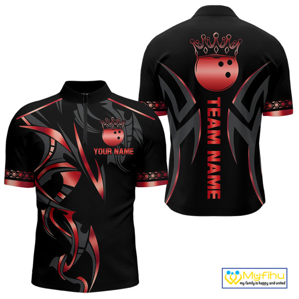 Black and Red crown Bowling ball Polo, Quarter Zip Shirts for Men Custom Bowling Team jerseys NQS10047