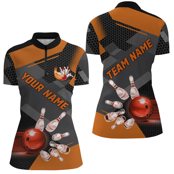 Bowling polo, Quarter zip Shirts for women Custom Bowling Team League Jersey, gift for bowler | Orange NQS7968