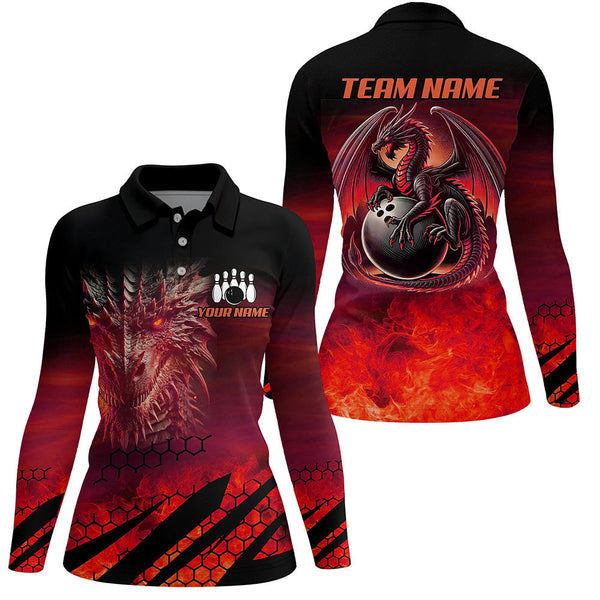 Black And Red Custom Dragon Flame Bowling Shirts For Women, Dragon Fire Bowling Team Shirts NQS8384