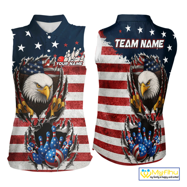 Vintage American Flag Eagle Bowling Sleeveless Polo Shirt Custom Patriotic Team Bowling Jersey NQS10569