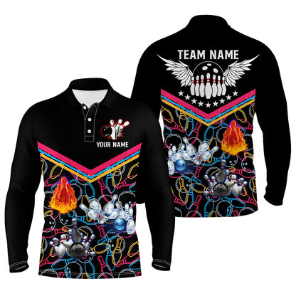 Multicolor pattern black bowling polo shirts for men, custom team bowling jerseys for men bowlers NQS5386