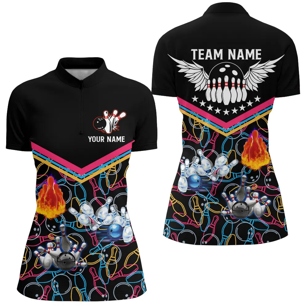 Multicolor pattern black bowling Quarter Zip shirts for women, custom team bowling jerseys for ladies NQS5386