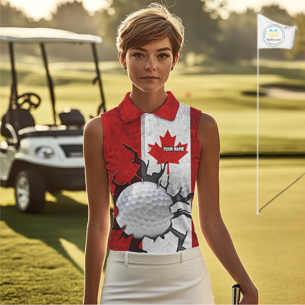 Vintage Canadian Flag broken golf ball Women Sleeveless polos Custom patriotic Ladies Golf attire NQS10050