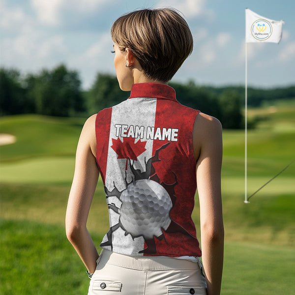 Vintage Canadian Flag broken golf ball Women Sleeveless polos Custom patriotic Ladies Golf attire NQS10050