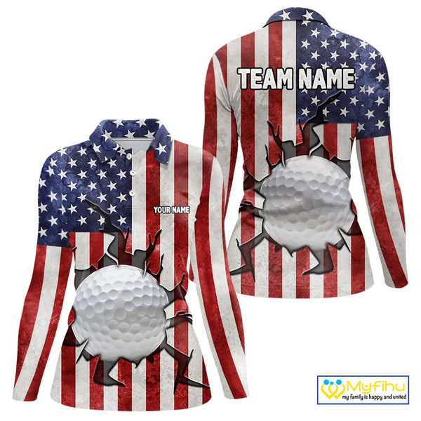 Vintage American Flag broken golf ball Women Golf polo shirts Custom patriotic Golf attire For ladies NQS10051