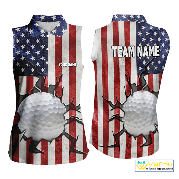 Vintage American Flag broken golf ball Women Sleeveless polos Custom patriotic Ladies Golf attire NQS10051