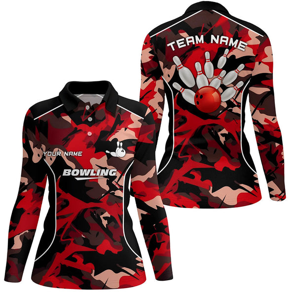 Women bowling polo shirts Custom bowling ball and pins red camo Bowling Team Jersey for women NQS6487