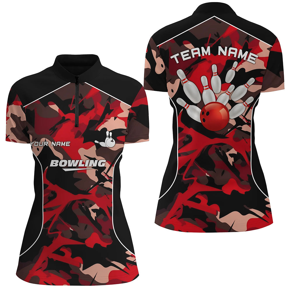 Womens bowling Quarter Zip shirts Custom bowling ball pins red camo Bowling Team Jersey for ladies NQS6487