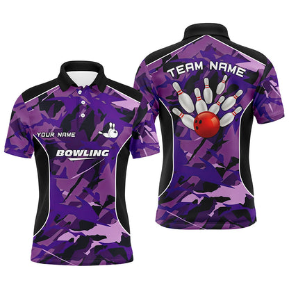 Mens polo bowling shirts Custom bowling ball and pins purple camo Bowling Team Jersey for men NQS6488