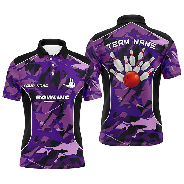 Mens polo bowling shirts Custom bowling ball and pins purple camo Bowling Team Jersey for men NQS6488
