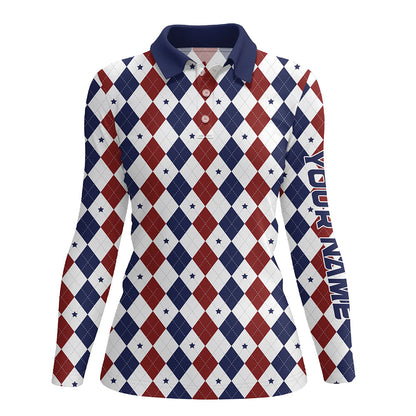 Women golf polo shirt custom red, white and blue argyle plaid pattern golf attire for ladies NQS7969