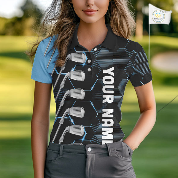 Blue and Black golf clubs Women golf polo shirts custom golf outfit ladies, personalized golf gifts NQS10212