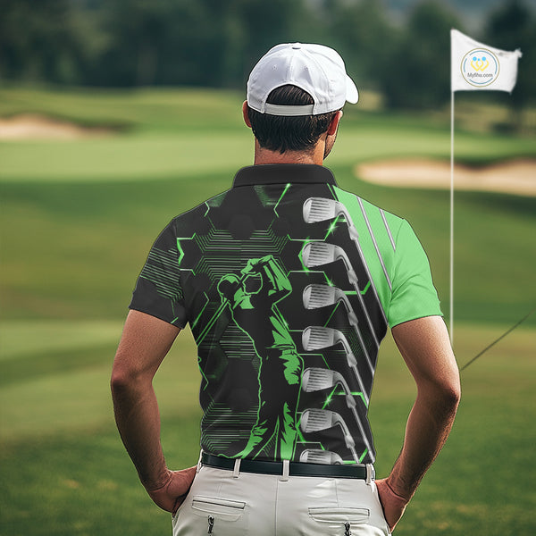 Green and Black golf clubs Mens golf polo shirts custom name golf outfit men, personalized golf gifts NQS10213