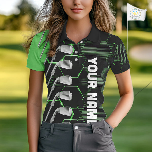 Green and Black golf clubs Women golf polo shirts custom golf outfit ladies, personalized golf gifts NQS10213