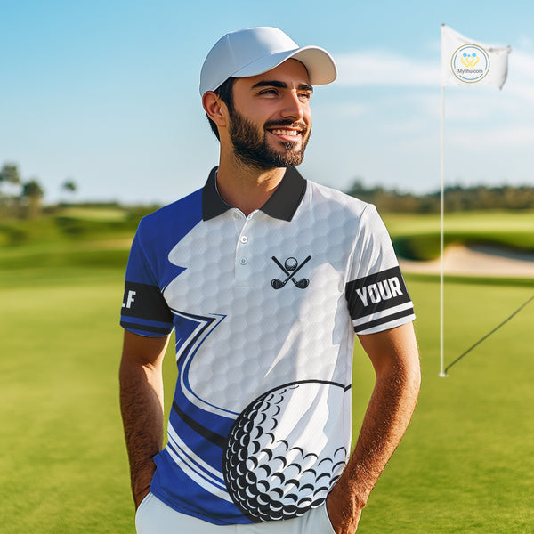 Blue & white golf ball short sleeve, long sleeve golf polo shirts custom name golf gifts for men NQS10214