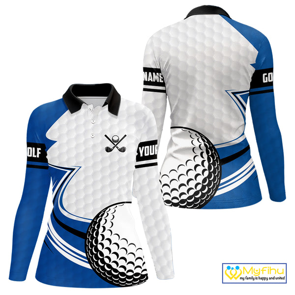 Blue & white golf ball short sleeve, long sleeve golf polo shirts custom name golf gifts for Women NQS10214