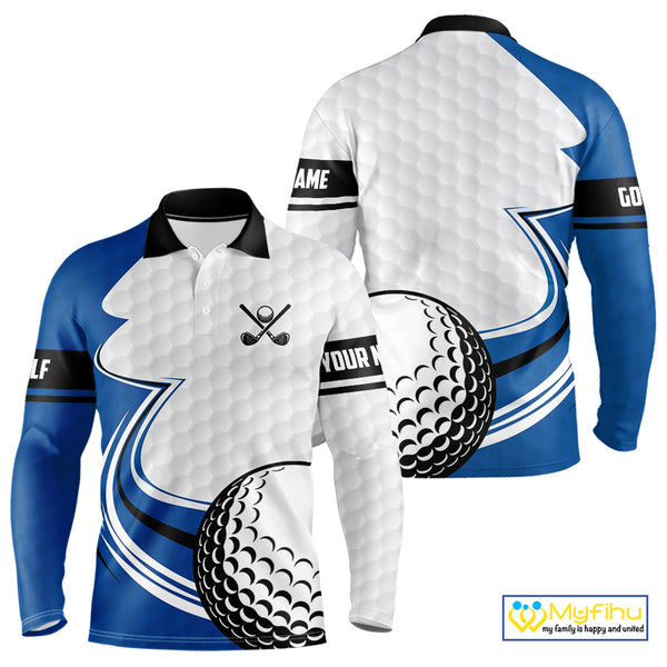 Blue & white golf ball short sleeve, long sleeve golf polo shirts custom name golf gifts for men NQS10214